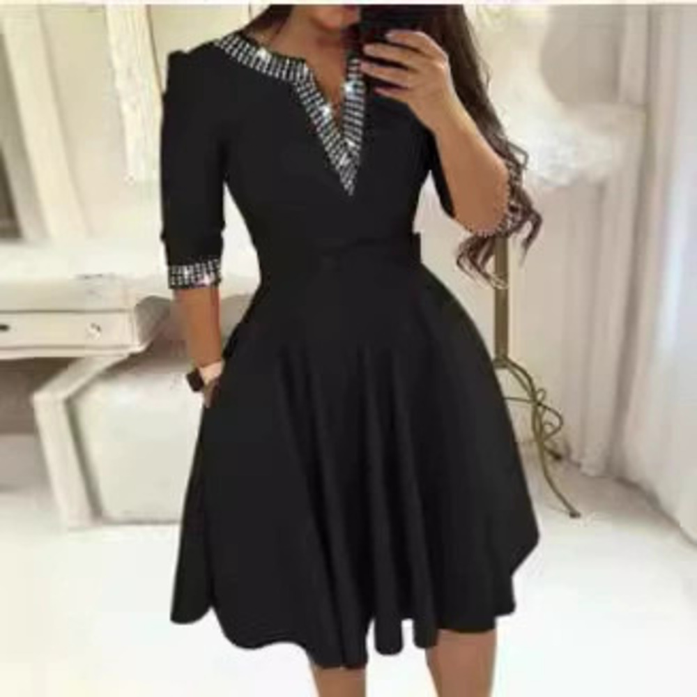 Zara Waisted Rhinestone Three Quarter Sleeve Solid Flare Belted Dress Autumn